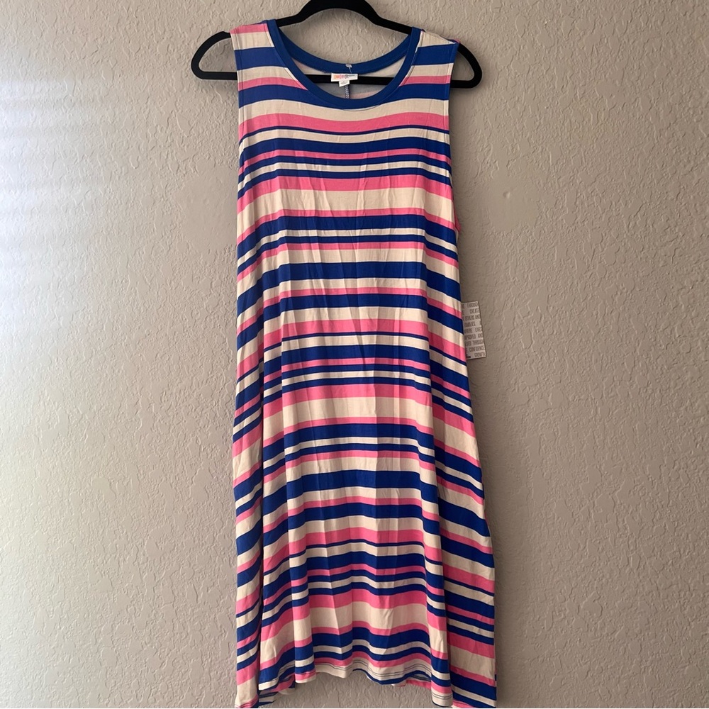 LULAROE CHARLOTTE VERTICAL STRIPED SLEEVELESS DRESS WITH POCKETS LARGE NWT#18